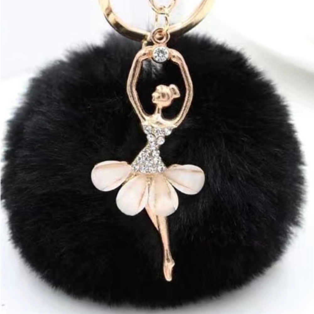 New Ballerina with Black Faux Fur PomPom Keychain or Purse Charm
